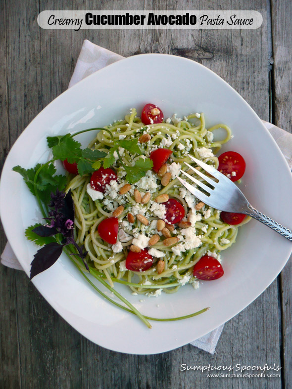 Creamy Cucumber Avocado Pasta Sauce ~ super simple sauce that tastes like summer! from Sumptuous Spoonfuls