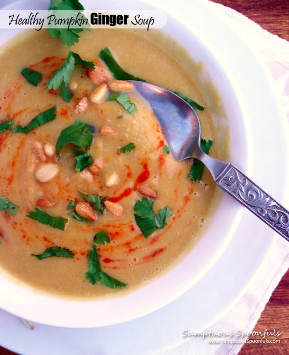 Healthy Pumpkin Ginger Soup with Sriracha ~ Sumptuous Spoonfuls #gf #soup #recipe