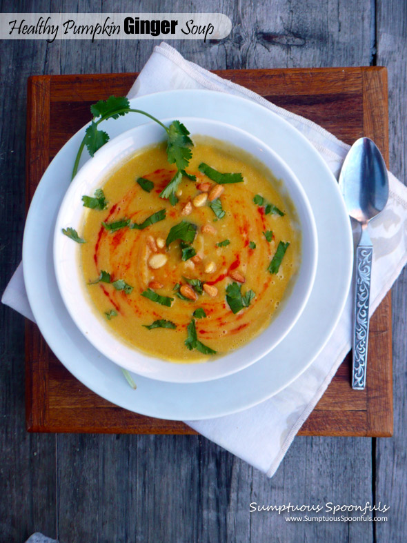 Healthy Pumpkin Ginger Soup with Sriracha ~ Sumptuous Spoonfuls #gf #soup #recipe
