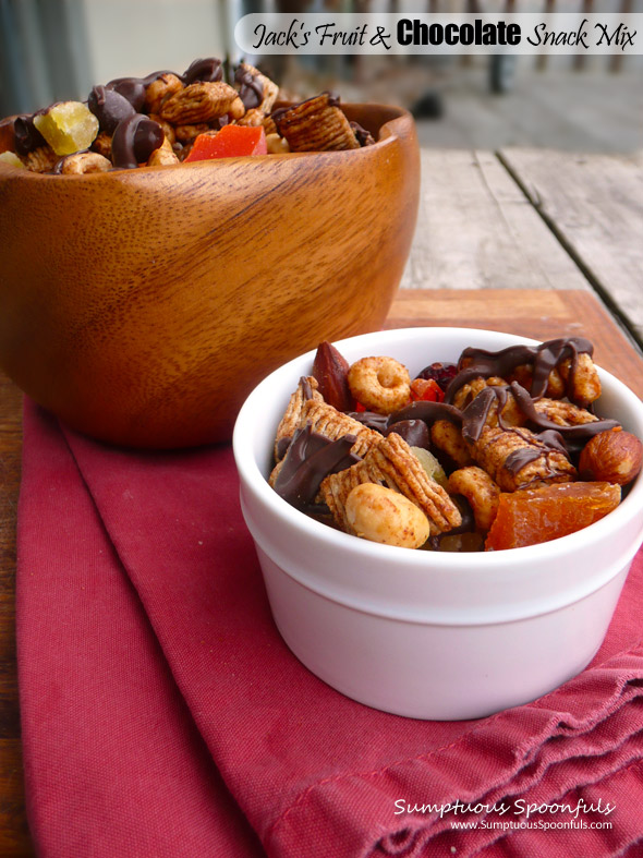 Jack's Fruit & Chocolate Snack Mix ~ Sumptuous Spoonfuls #healthy #chocolate #snack #recipe