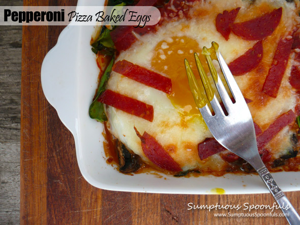 Pepperoni Pizza Baked Eggs with Mushrooms & Spinach ~ Sumptuous Spoonfuls #pizza #eggs #recipe