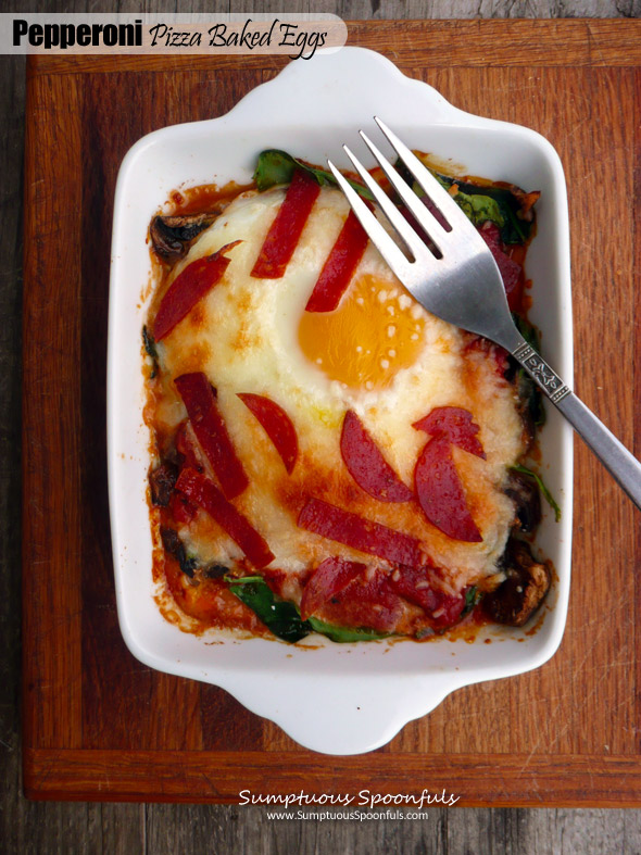 Pepperoni Pizza Baked Eggs with Mushrooms & Spinach ~ Sumptuous Spoonfuls #pizza #eggs #recipe