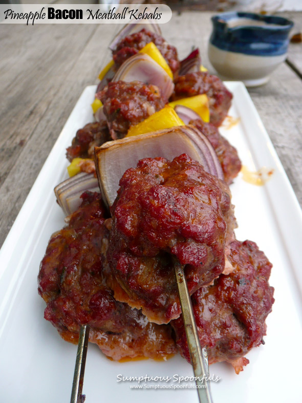 Pineapple Bacon Meatball Kebabs with Spicy Maple Dijon Dipping Sauce ~ Sumptuous Spoonfuls #grilled #meat #recipe