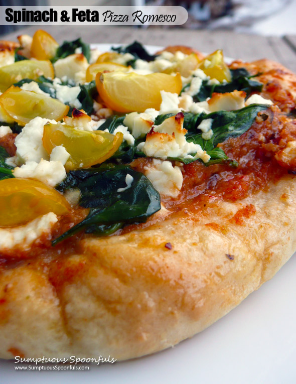 Spinach & Feta Pizza Romesco ~ Sumptuous Spoonfuls #healthy #pizza #recipe