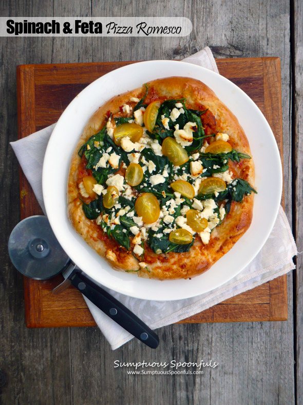 Spinach & Feta Pizza Romesco ~ Sumptuous Spoonfuls #healthy #pizza #recipe