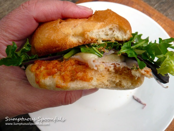 Turkey Fontina Romesco Sandwich on Brioche Bun ~ Sumptuous Spoonfuls #sumptuous #sandwich #recipe