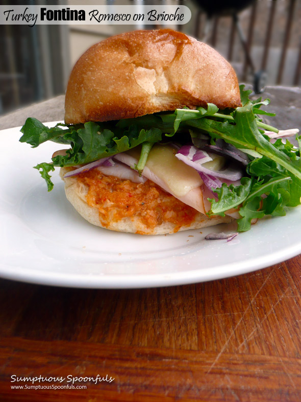 Turkey Fontina Romesco Sandwich on Brioche Bun ~ Sumptuous Spoonfuls #sumptuous #sandwich #recipe