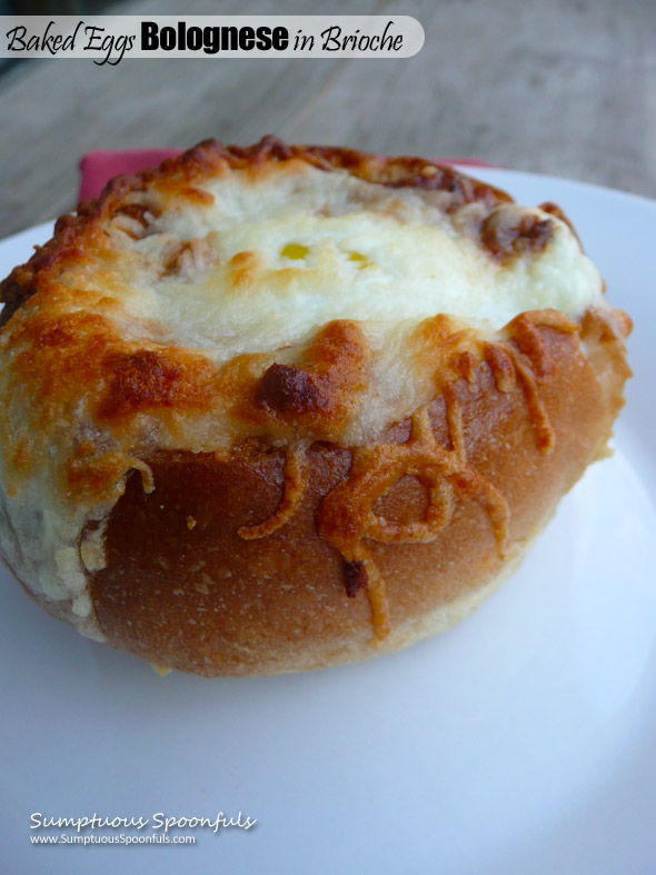 Baked Eggs Bolognese in Brioche Bread Bowls ~ Sumptuous Spoonfuls #eggs #breakfast #recipe