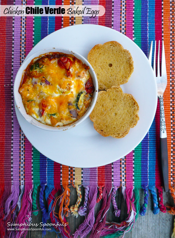 Chicken Chile Verde Baked Eggs ~ Sumptuous Spoonfuls #Mexican #Breakfast #Recipe