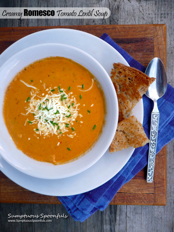 Creamy Romesco Tomato Lentil Soup ~ Sumptuous Spoonfuls #tomato #soup #recipe
