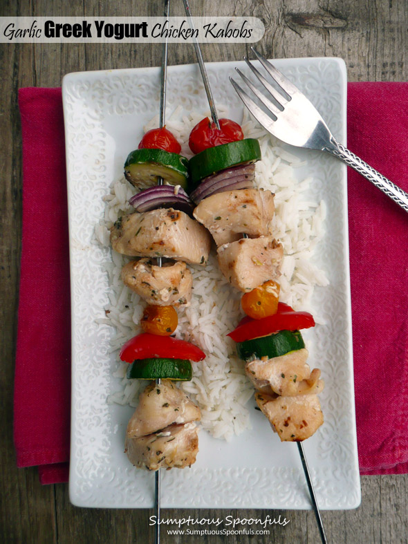 Garlic Greek Yogurt Chicken Kabobs ~ Sumptuous Spoonfuls #grilled #chicken #recipe