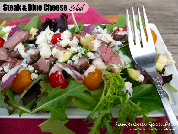 Steak & Blue Cheese Salad with Roasted Vegetables ~ Sumptuous Spoonfuls #healthy #quick #dinner #salad #recipe