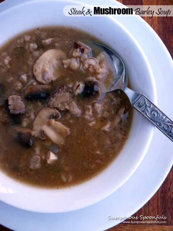 Steak & Mushroom Barley Soup ~ Sumptuous Spoonfuls #soup #recipe