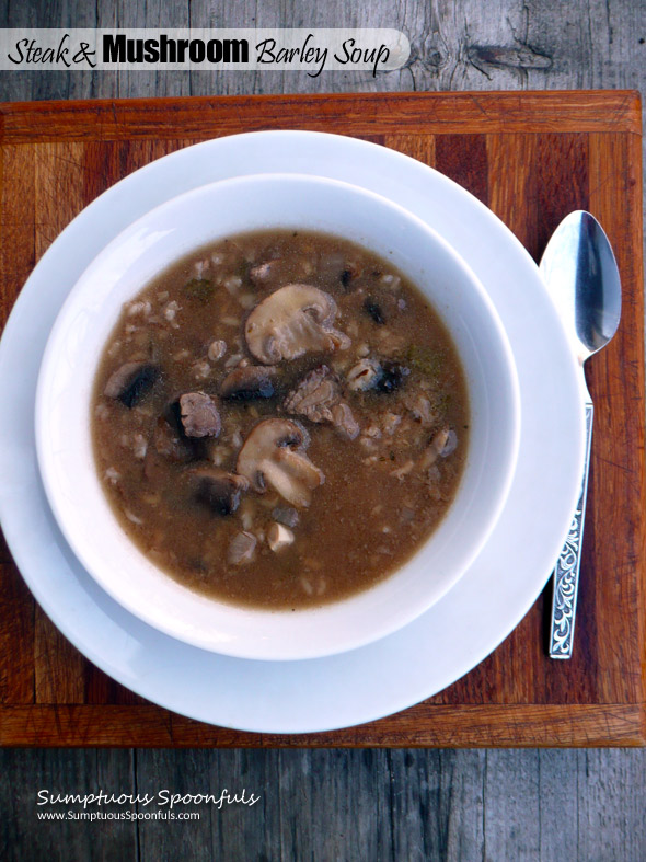 Steak & Mushroom Barley Soup ~ Sumptuous Spoonfuls #soup #recipe
