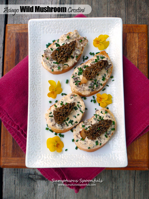 Asiago Wild Mushroom Crostini ~ Sumptuous Spoonfuls #easy #morel #mushroom #appetizer #recipe