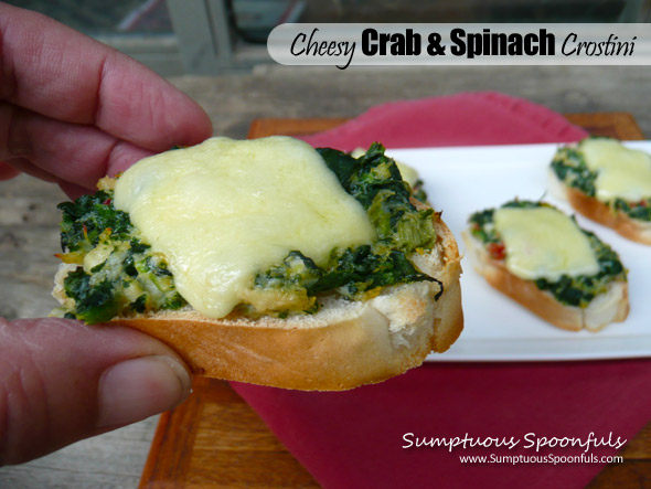 Cheesy Crab & Spinach Crostini ~ Sumptuous Spoonfuls #little #toasts #appetizer #recipe #seafood