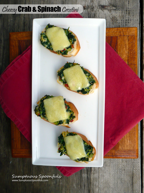 Cheesy Crab & Spinach Crostini ~ Sumptuous Spoonfuls #little #toasts #appetizer #recipe #seafood