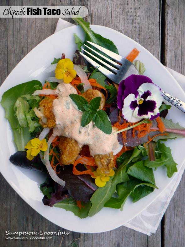 Chipotle Fish Taco Salad with Herbed Lime Cilantro Yogurt Dressing ~ Sumptuous Spoonfuls #seafood #salad #recipe