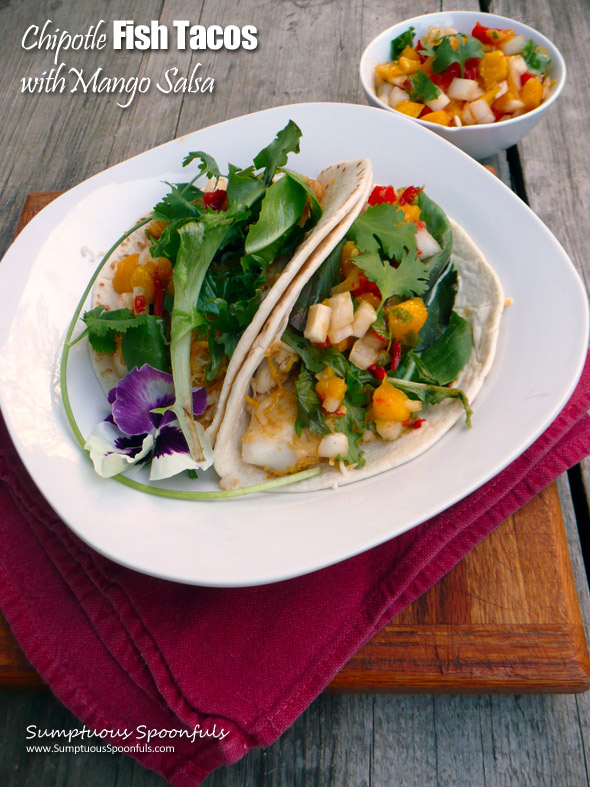 Chipotle Fish Tacos with Mango Salsa ~ Sumptuous Spoonfuls #fish #taco #recipe