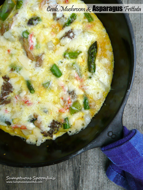 Crab, Mushroom & Asparagus Frittata with Havarti & MontAmore cheeses ~ Sumptuous Spoonfuls #gourmet #breakfast #recipe