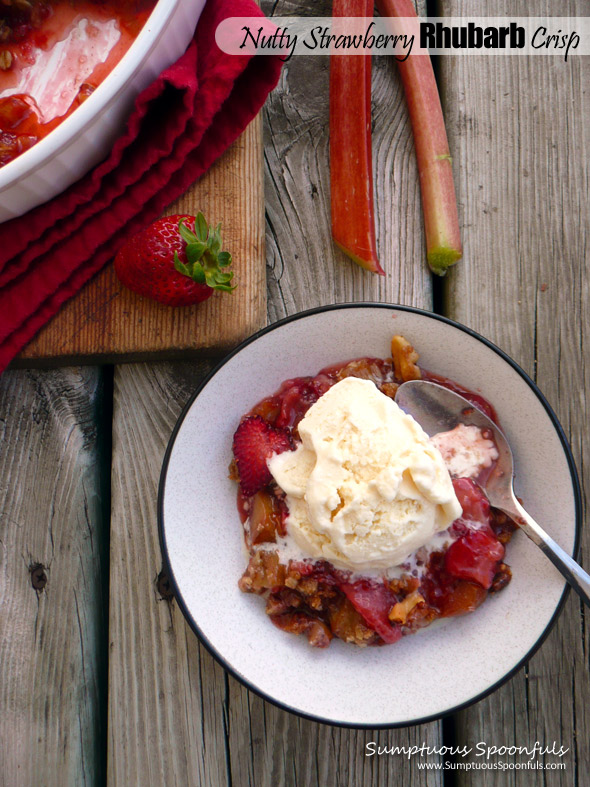 Nutty Strawberry Rhubarb Crisp ~ Sumptuous Spoonfuls #rhubarb #dessert #recipe