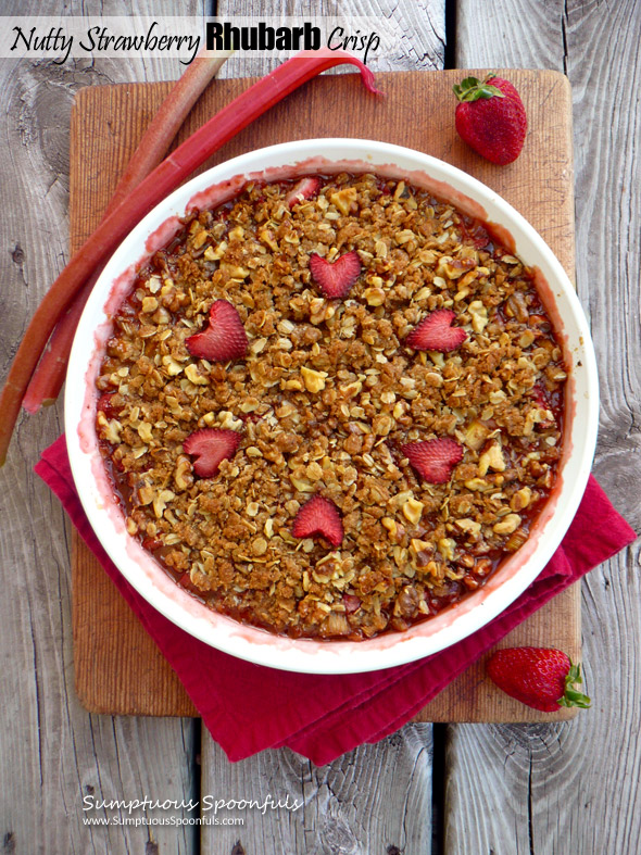 Nutty Strawberry Rhubarb Crisp ~ Sumptuous Spoonfuls #rhubarb #dessert #recipe