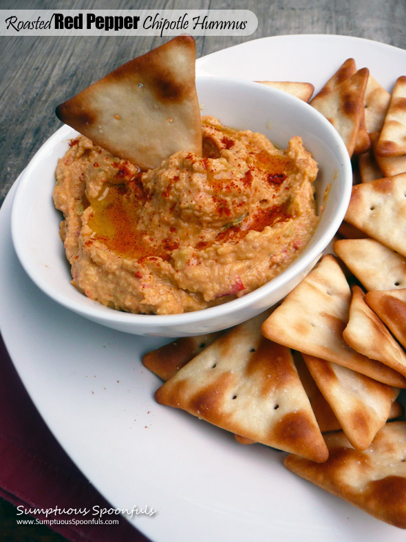 Roasted Red Pepper Chipotle Hummus ~ Sumptuous Spoonfuls #simple #spicy #hummus #recipe