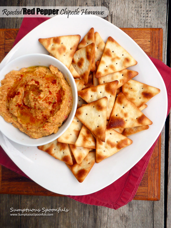 Roasted Red Pepper Chipotle Hummus ~ Sumptuous Spoonfuls #simple #spicy #hummus #recipe