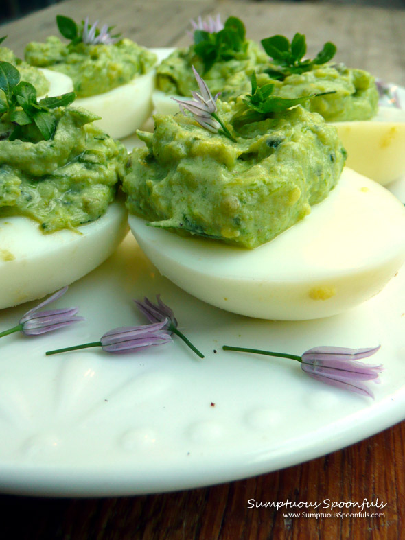 Asparagus Avocado Deviled Eggs ~ Sumptuous Spoonfuls #healthy #GreekYogurt #deviled #eggs #recipe