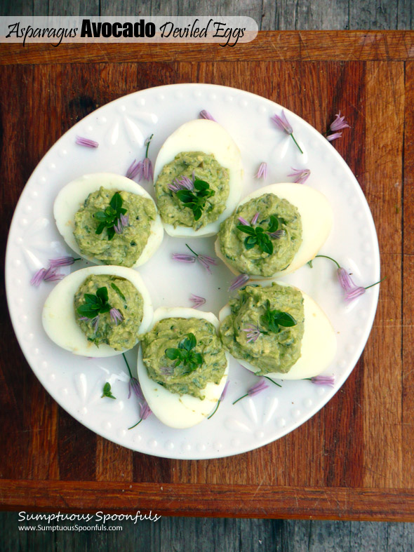 Asparagus Avocado Deviled Eggs ~ Sumptuous Spoonfuls #healthy #GreekYogurt #deviled #eggs #recipe