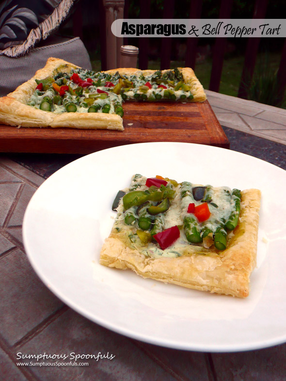 Asparagus & Bell Pepper Tart with fresh herbs, Greek yogurt & two cheeses ~ Sumptuous Spoonfuls #summer #asparagus #appetizer #recipe