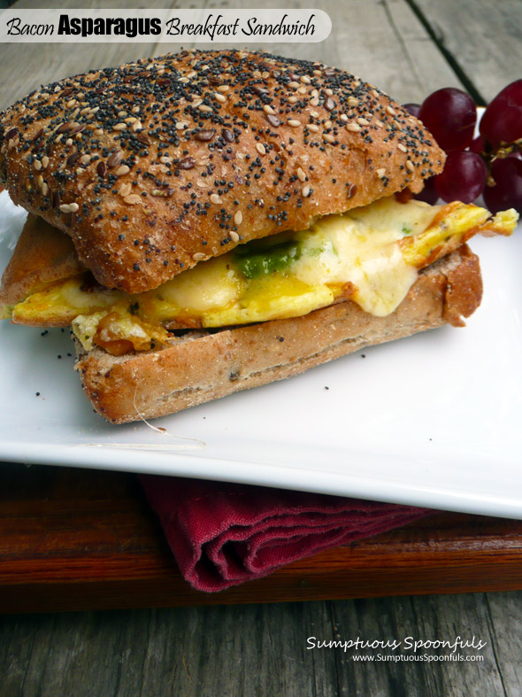 Bacon Asparagus Breakfast Sandwich with Smoked Gouda on a whole wheat ciabatta roll ~ Sumptuous Spoonfuls #easy #breakfast #recipe #togo