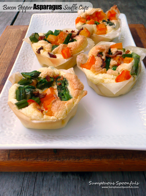 Bacon Pepper Asparagus Souffle Cups ~ Sumptuous Spoonfuls #bacon #asparagus #souffle #recipe