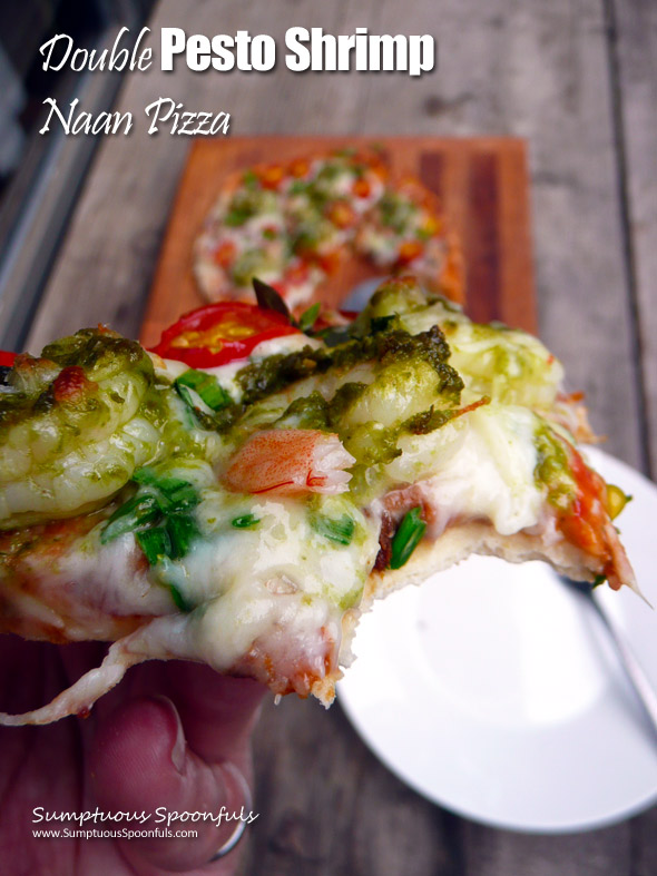 Double Pesto Shrimp Naan Pizza ~ Sumptuous Spoonfuls #simple #shrimp #pizza #recipe