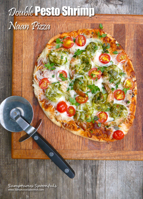 Double Pesto Shrimp Naan Pizza ~ Sumptuous Spoonfuls #simple #shrimp #pizza #recipe