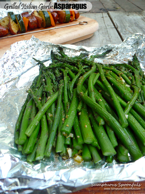 Grilled Italian Garlic Asparagus ~ Sumptuous Spoonfuls #grilled #asparagus #recipe