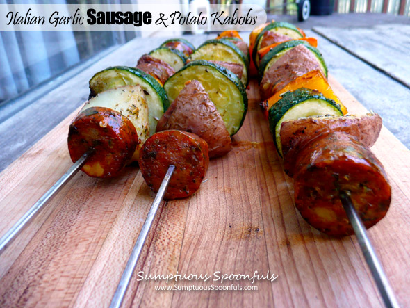 Italian Garlic Sausage Potato Kabobs ~ Sumptuous Spoonfuls #sausage #kabob #grilled #bbq #recipe