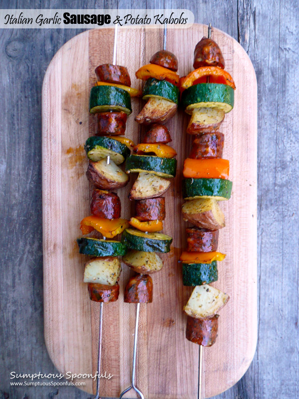 Italian Garlic Sausage Potato Kabobs ~ Sumptuous Spoonfuls #sausage #kabob #grilled #bbq #recipe