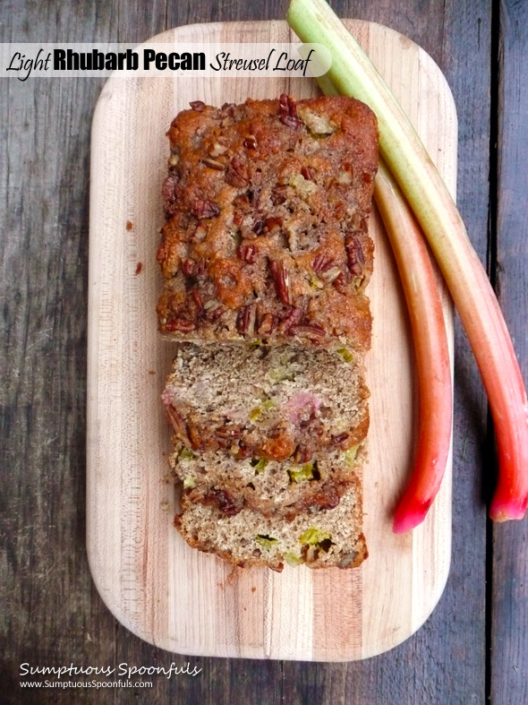 Light Rhubarb Pecan Streusel Loaf ~ Sumptuous Spoonfuls #wholegrain #lowfat #rhubarb #bread #recipe
