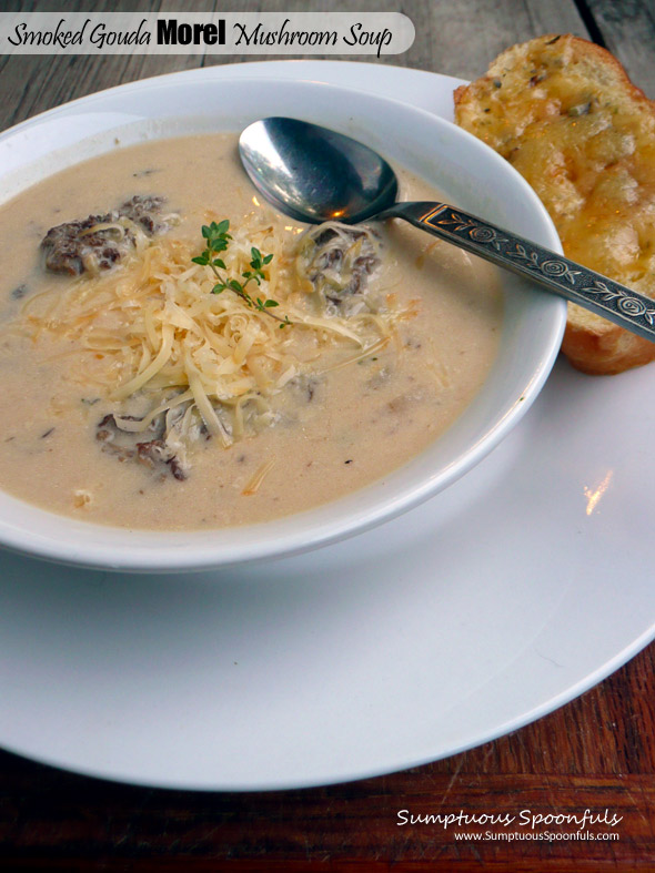Smoked Gouda Morel Mushroom Soup ~ Sumptuous Spoonfuls #mushroom #cheese #soup #recipe