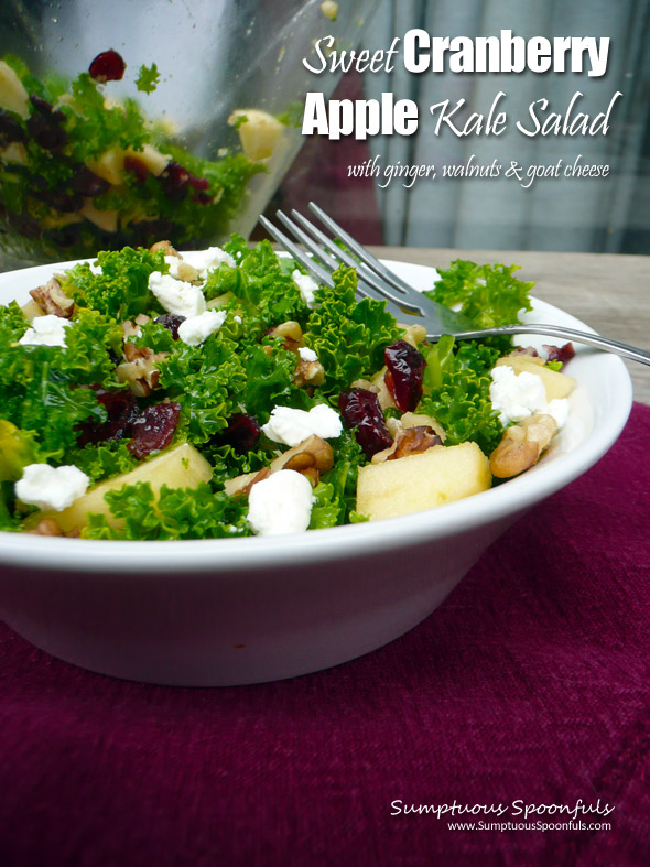 Sweet Cranberry Apple Kale Salad with Ginger, Walnuts & Goat Cheese ~ Sumptuous Spoonfuls #kale #salad #recipe