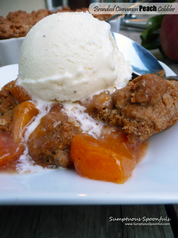 Brandied Cinnamon Peach Cobbler ~ Sumptuous Spoonfuls #peach #cobbler #recipe