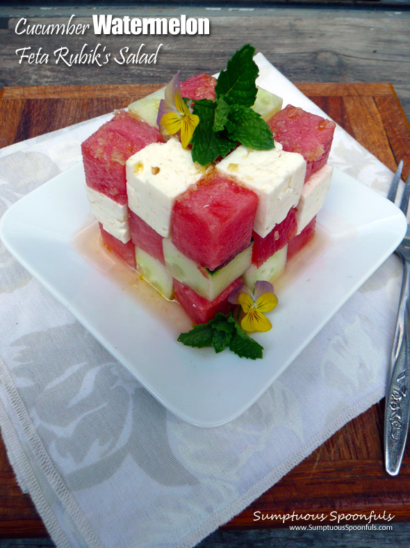 Cucumber Watermelon Feta Rubik's Cube Salad with Maple Ginger Champagne Vinaigrette ~ Sumptuous Spoonfuls #watermelon #RubiksCube #puzzle #salad