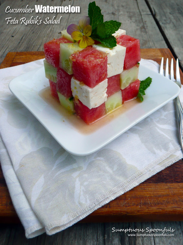 Cucumber Watermelon Feta Rubik's Cube Salad with Maple Ginger Champagne Vinaigrette ~ Sumptuous Spoonfuls #watermelon #RubiksCube #puzzle #salad