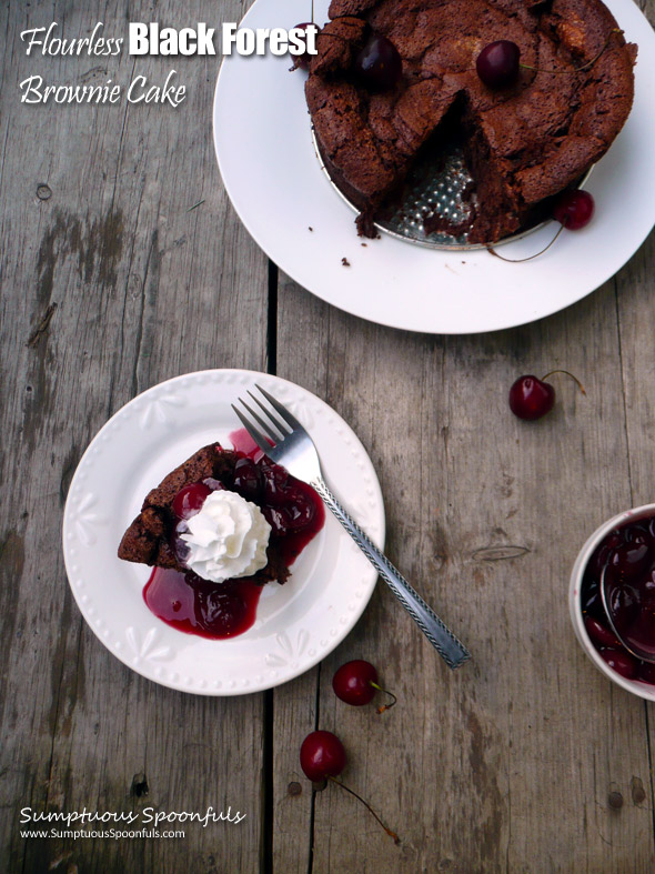 Flourless Black Forest Brownie Cake ~ Sumptuous Spoonfuls #flourless #brownie #cherry #cake #recipe