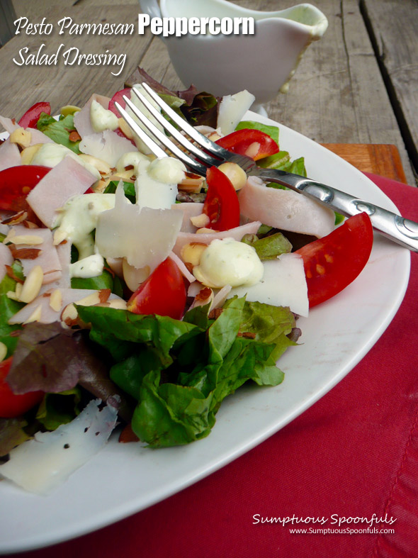 Pesto Parmesan Peppercorn Salad Dressing ~ Sumptuous Spoonfuls #homemade #healthy #salad #dressing #recipe