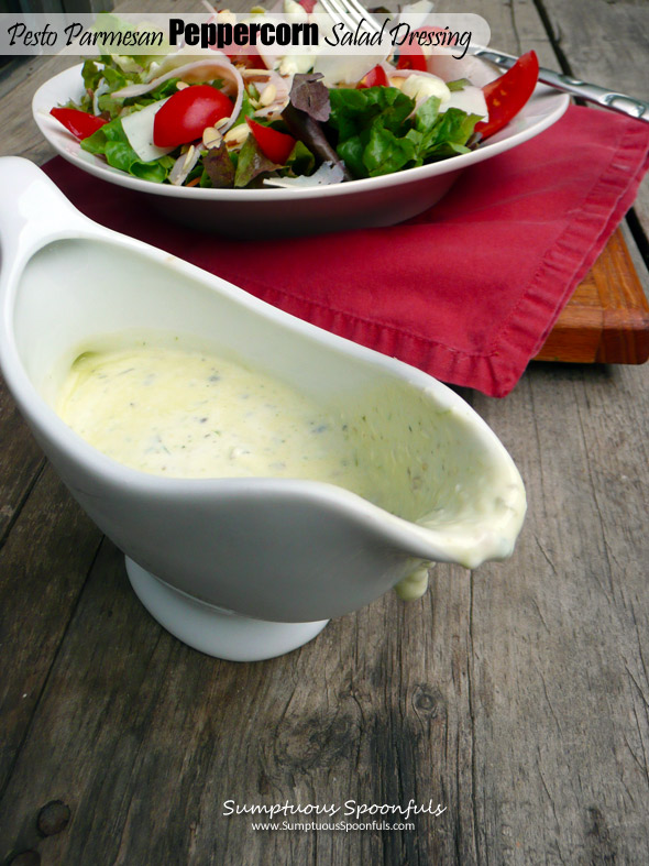 Pesto Parmesan Peppercorn Salad Dressing ~ Sumptuous Spoonfuls #homemade #healthy #salad #dressing #recipe