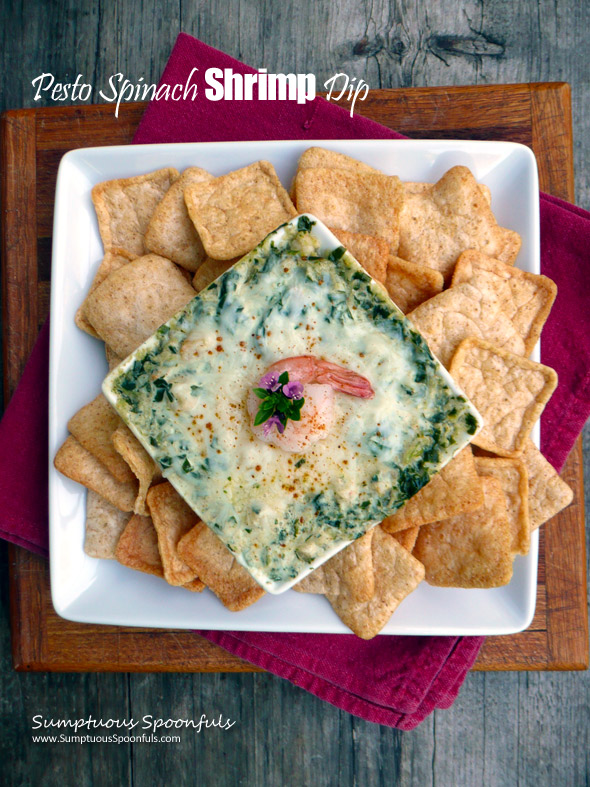 Pesto Spinach Shrimp Dip ~ Sumptuous Spoonfuls #lowfat #greekyogurt #cheesy #shrimp #dip