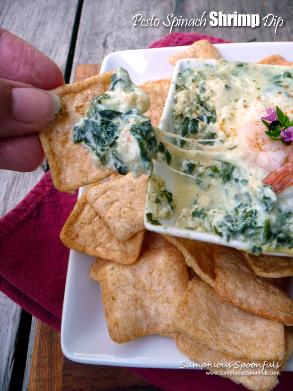 Pesto Spinach Shrimp Dip ~ Sumptuous Spoonfuls #lowfat #greekyogurt #cheesy #shrimp #dip