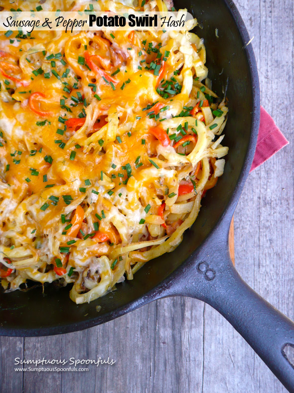 Sausage & Pepper Potato Swirl Hash ~ Sumptuous Spoonfuls #potato #sausage #breakfast #hash #recipe